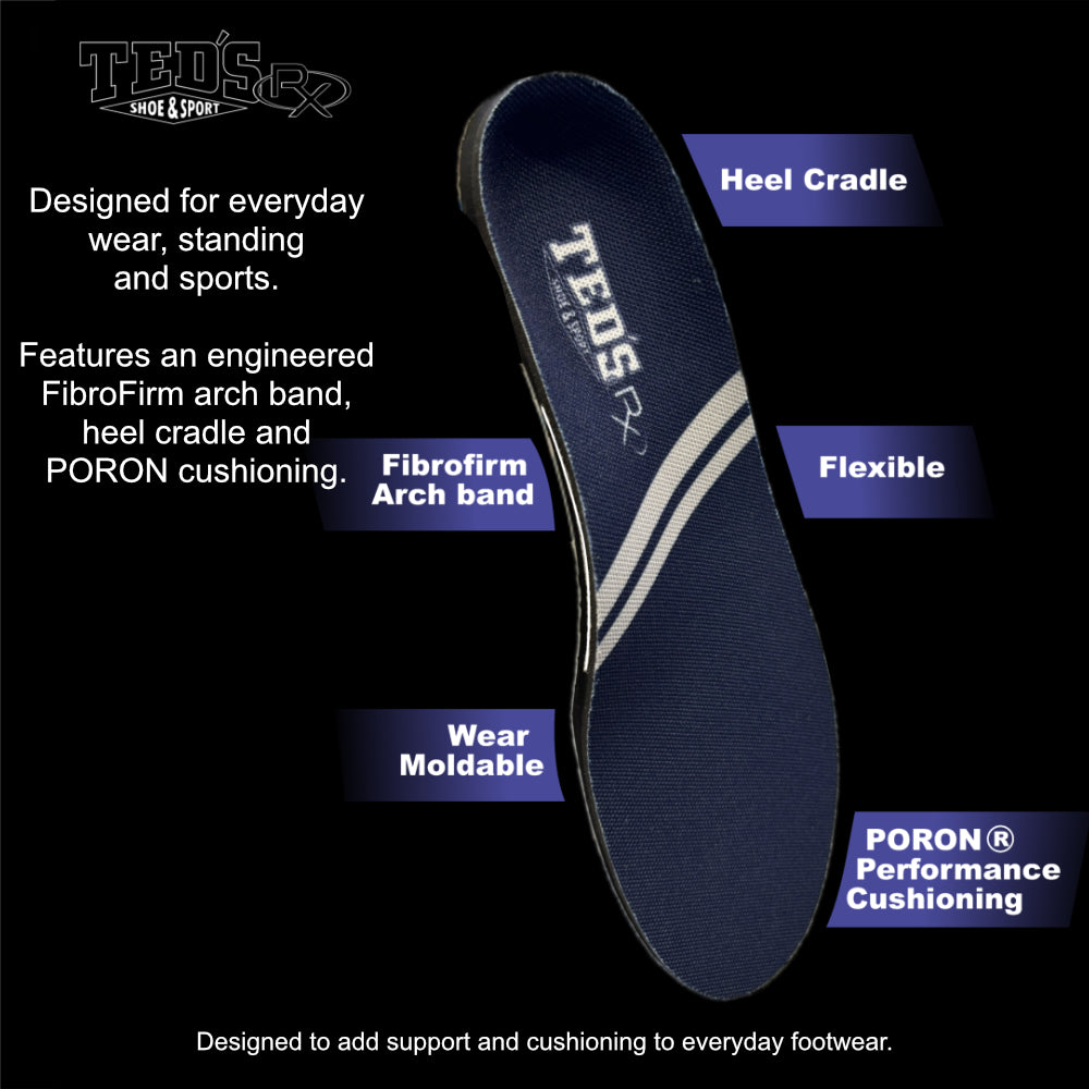 TedsRX footbeds are designed for everyday wear, standing and sports. Features an engineered FibroFirm arch band, heel cradle and PORON cushioning.