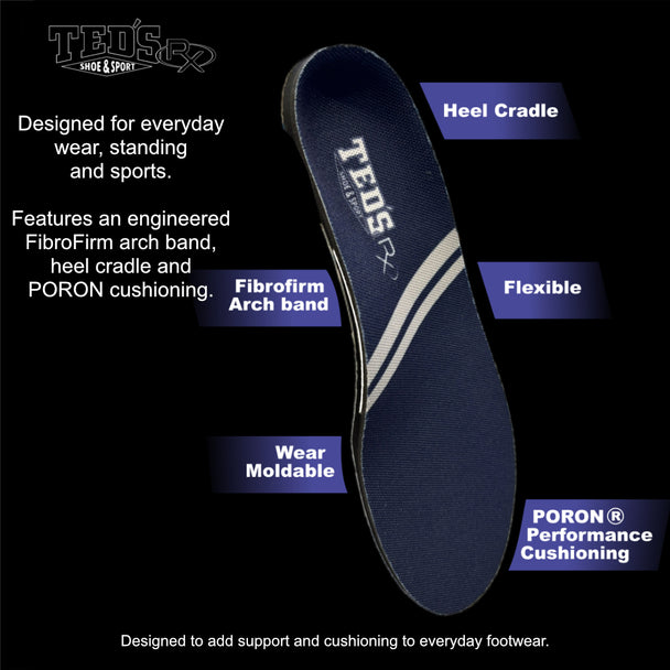 TedsRX footbeds are designed for everyday wear, standing and sports. Features an engineered FibroFirm arch band, heel cradle and PORON cushioning.