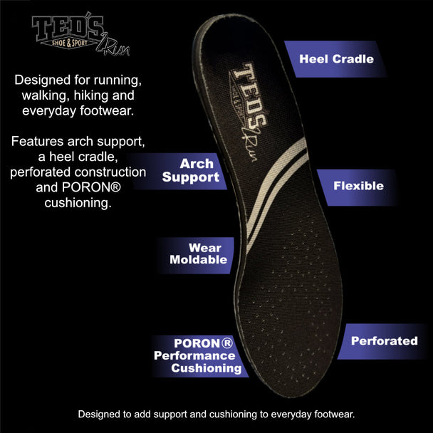 TEDS2Run footbeds are designed for running, walking, hiking and everyday footwear. Features arch support, a heel cradle, perforated construction and PORON cushioning.